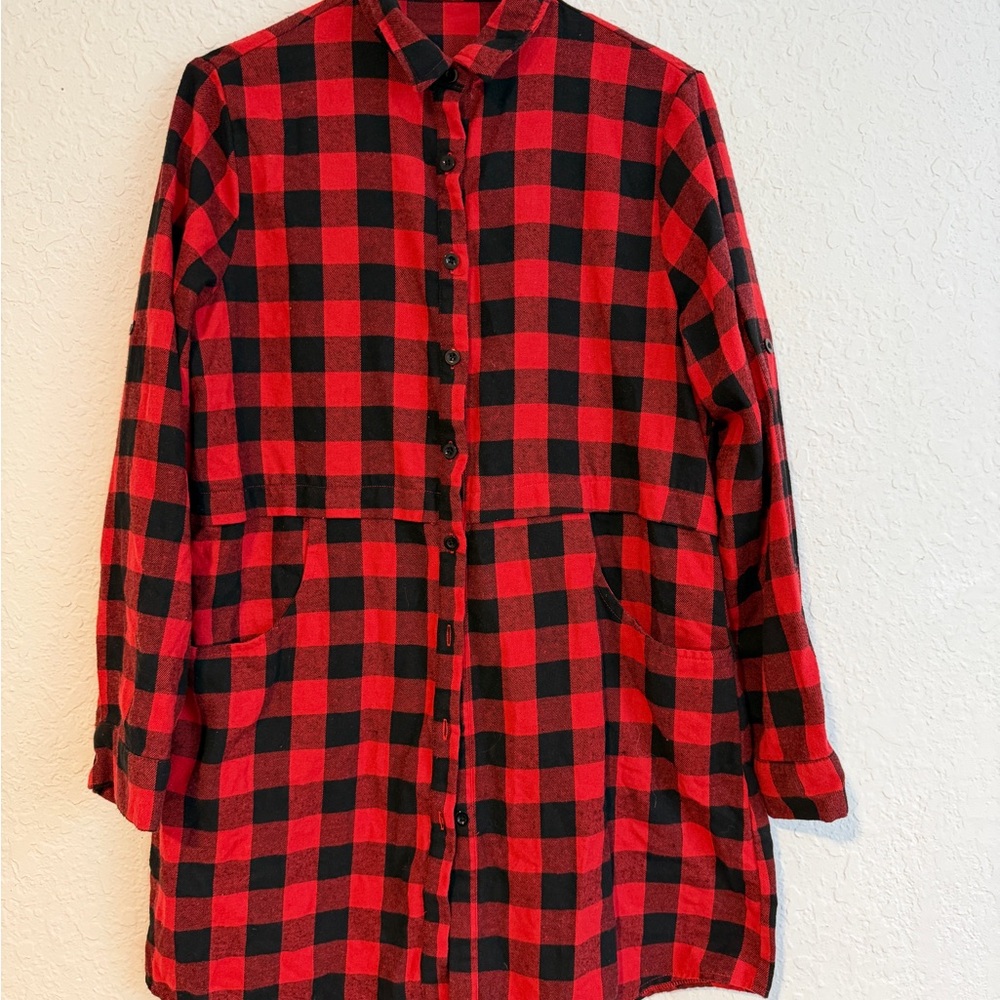 Chic Plaid Button-Up Long Sleeve Dress - Red and Black